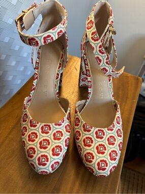 Copper Key Red and Cream Floral Ankle-Strap Block Heels